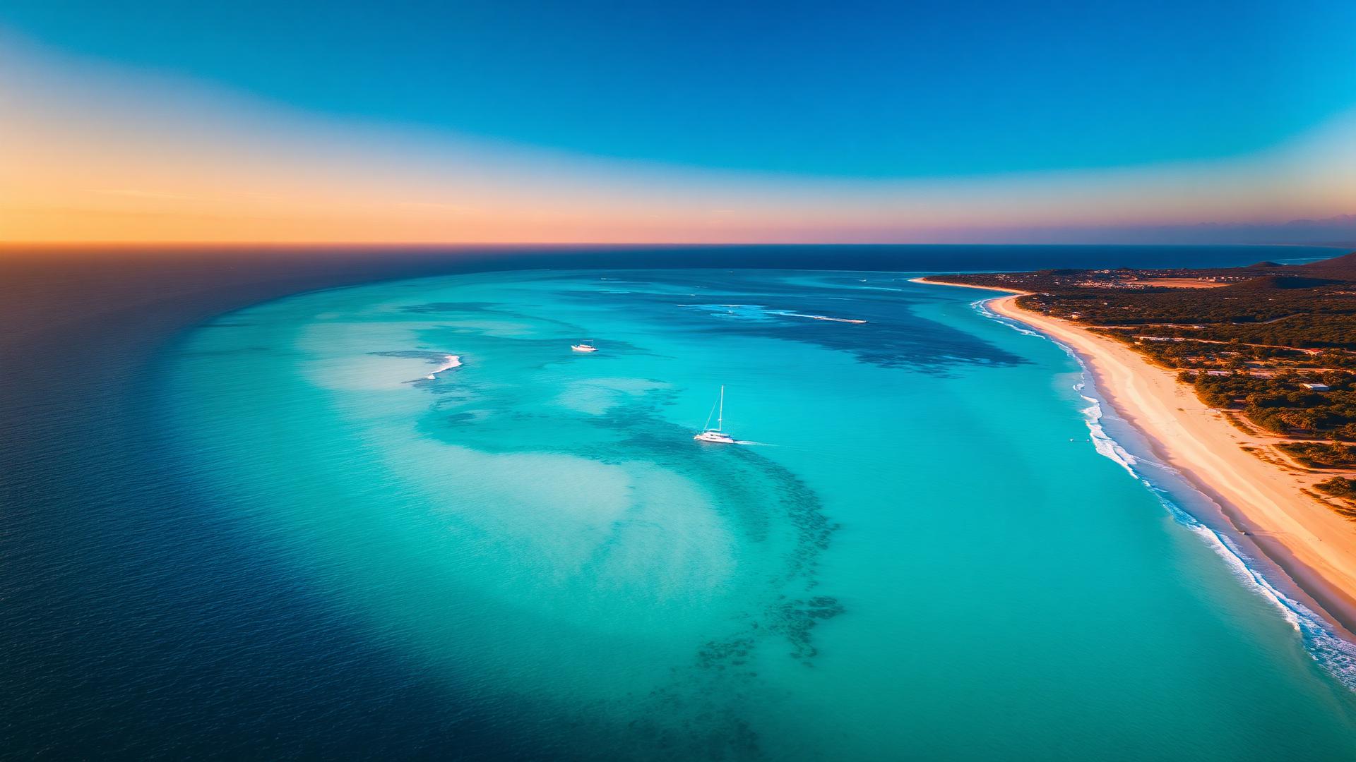 Aerial view of turquoise ocean at sunset