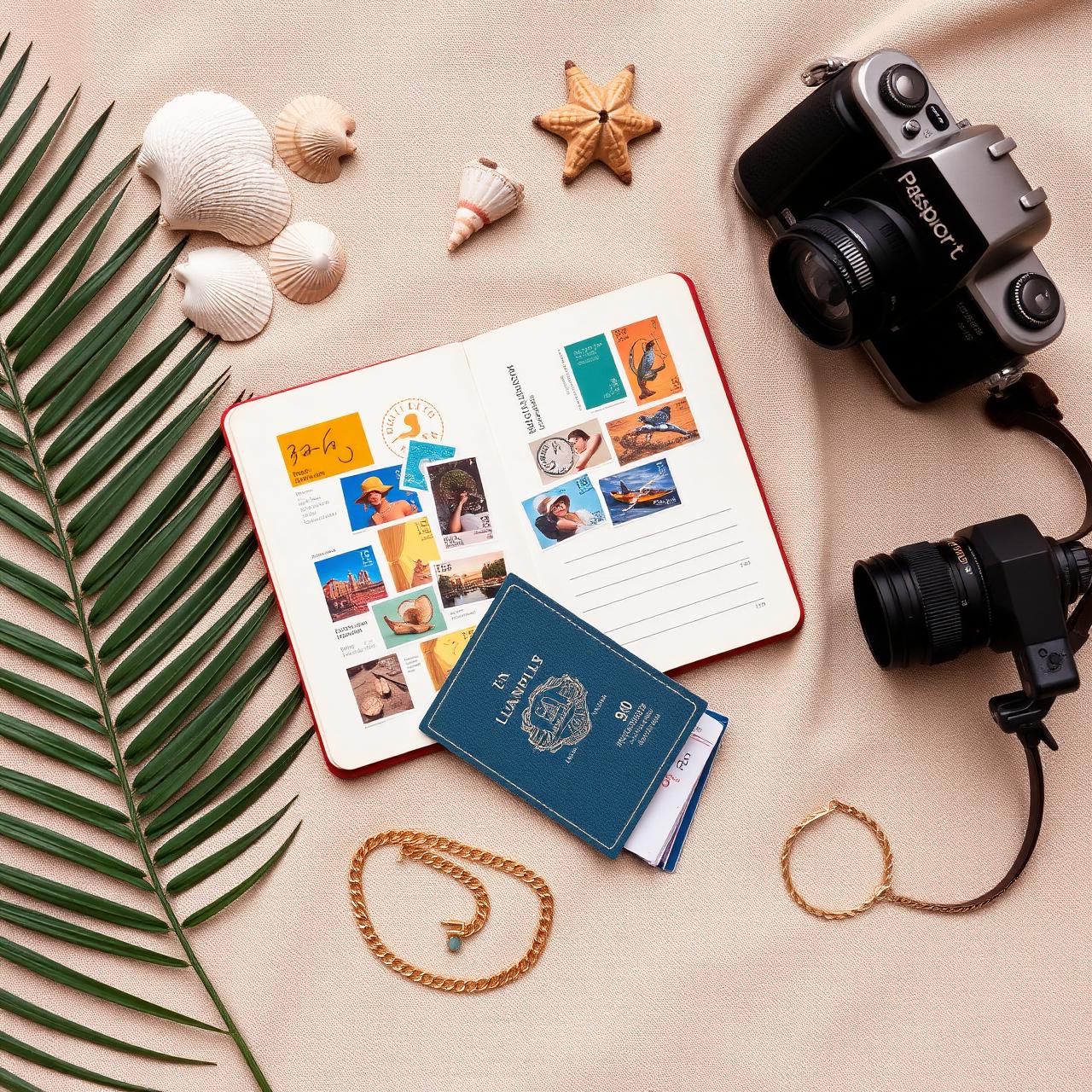 Travel flatlay with passport, camera and shells